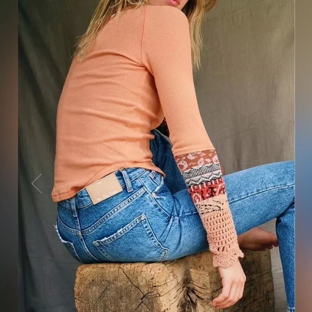 Free People in The Mix Cuff Thermal Top Desert Orange Combo Size Small